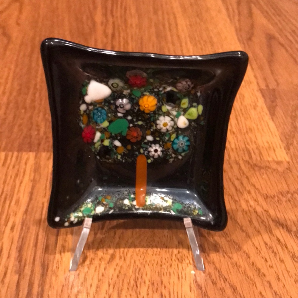 Murano Art Glass 3 X 3 Tree Of Life Black Multicolored Millefiore Trinket Dish